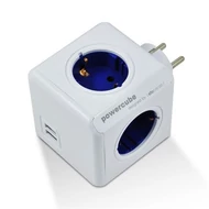 Elosztó, 4 aljzat, 2 USB csatlakozó, ALLOCACOC "PowerCube Original USB DE", fehér-kék