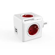 Elosztó, 4 aljzat, 2 USB csatlakozó, ALLOCACOC "PowerCube Original USB DE", fehér-piros