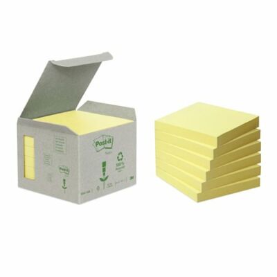 Öntapadó jegyzettömb, 76x76 mm, 6x100 lap, környezetbarát, 3M POSTIT, sárga